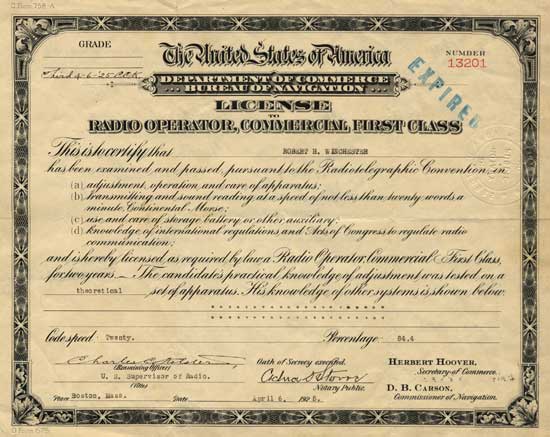 First Class Commercial Operator's License-1925